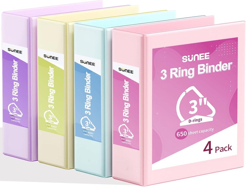 SUNEE 3 Ring Binder 3 Inch D Ring, Clear View Binder Three Ring PVC-Free (Fit 8.5x11 Inches) for School or Office Supplies, Assorted Pastel, 4 Pack - Image 1